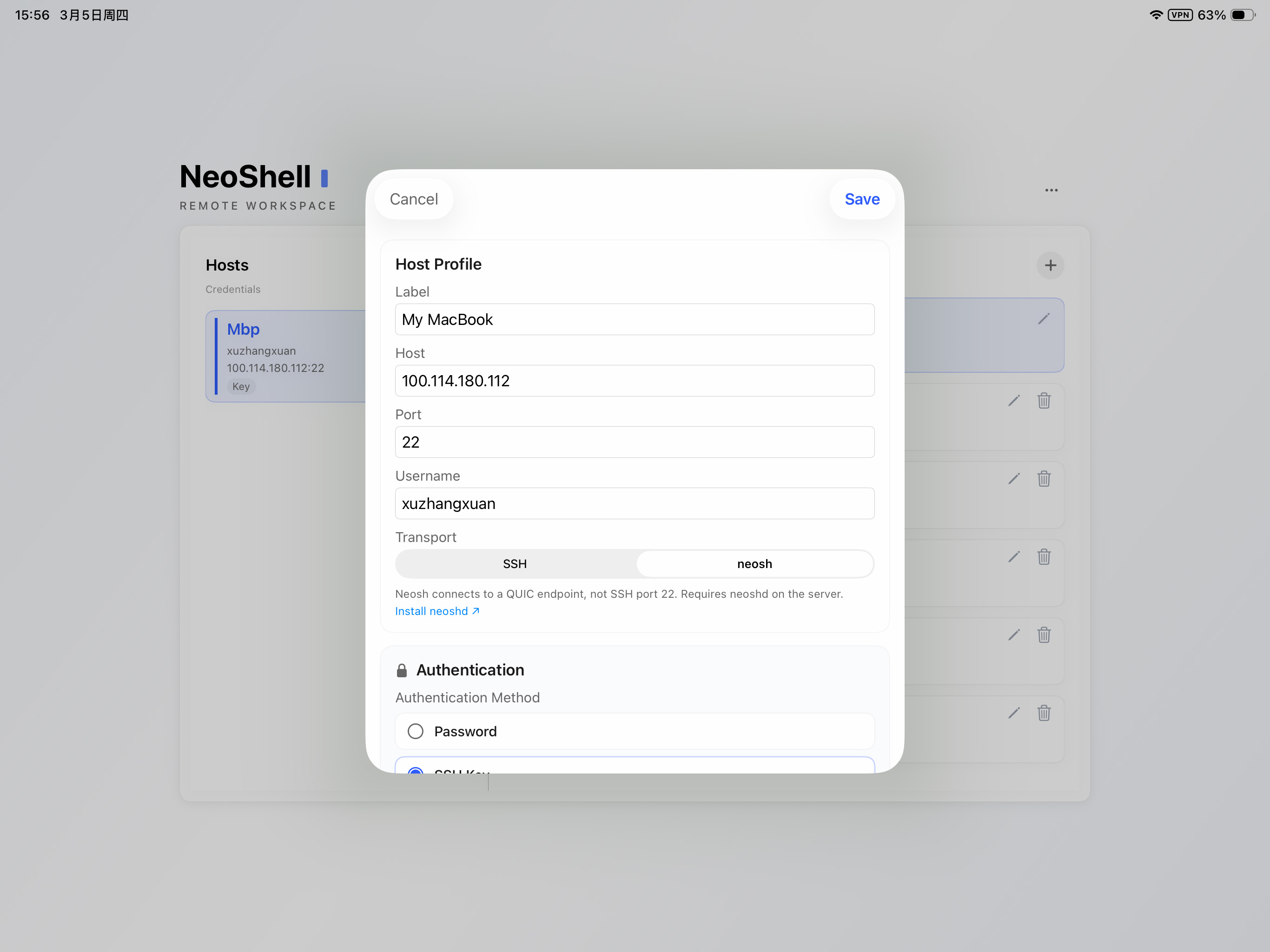 NeoShell iPad host settings showing transport options SSH and neosh